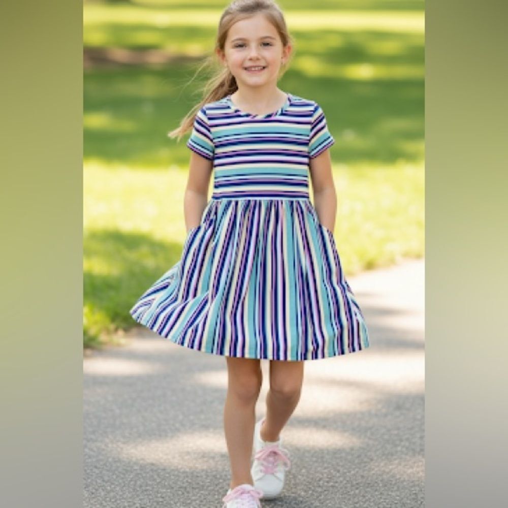 Cat & Jack Girls Striped Short Sleeve Fit and Flare Summer Dress M7/8 Colorful
